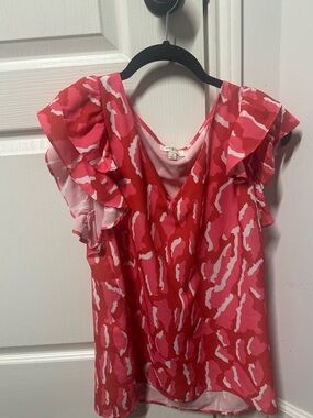 Umgee Pink & White Ruffle Sleeve V-Neck Blouse
